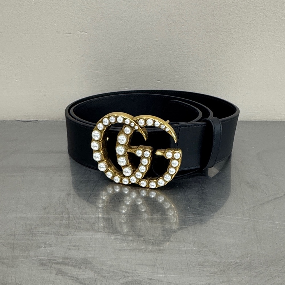 Gucci Pearl Embellished Double G Buckle Belt In Black Leather (Size 95/38)